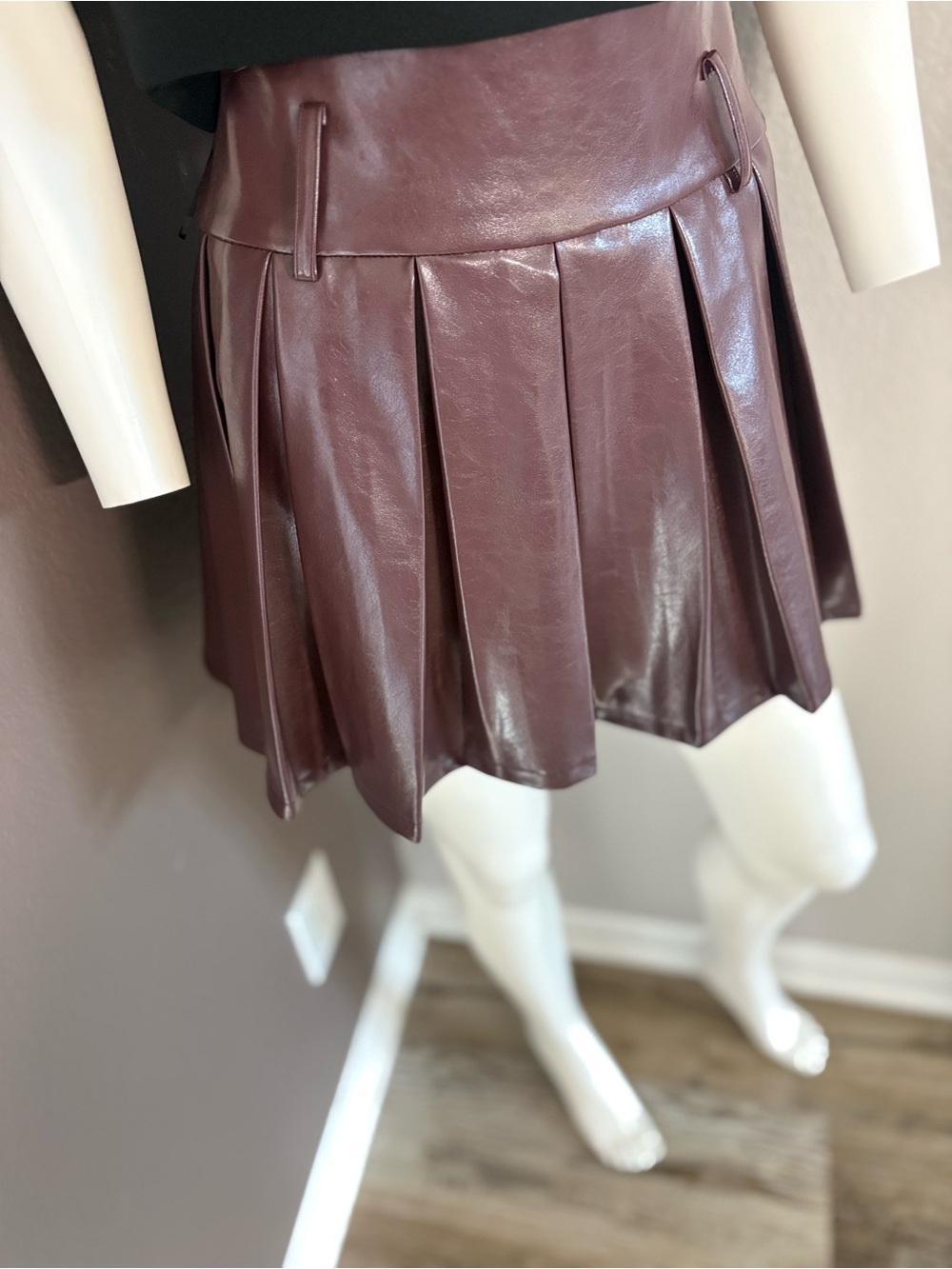 Sincerely Jules Wine Faux Leather Pleated Mini Skirt